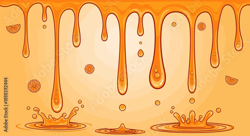 Creative Digital Illustration of Orange Juice Splashing with Droplets and Citrus Slices