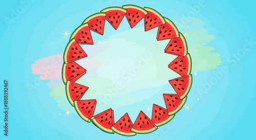 Illustration of a circular arrangement of watermelon slices in a vibrant cartoon style with a