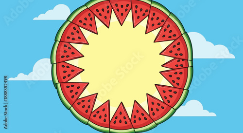 Delicious and colorful watermelon pizza sliced into triangular pieces with a bright sky background