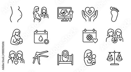 14 Women’s Health, Maternity Care, and Pregnancy Outline Icons Set