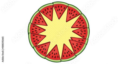 Stylized watermelon slice tart with a unique floral pattern and vibrant colors
