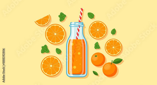 Fresh Orange Juice Bottle with Sliced Oranges and Mint Leaves on Light Background