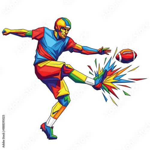 Colorful American Football Player Kicking Ball with Explosive Impact.