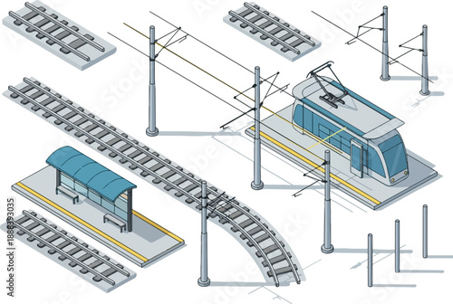 Isometric Train Tracks and Station Illustration