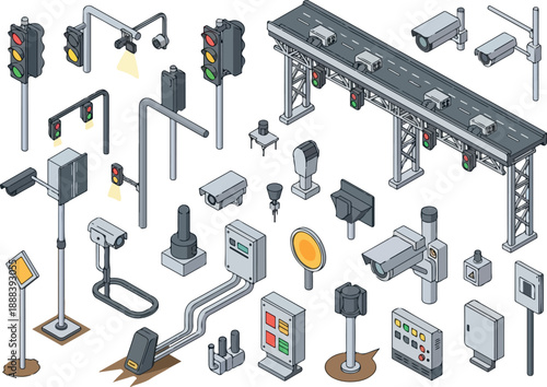 Isometric Road Safety Traffic Signals and Surveillance Vector Icons