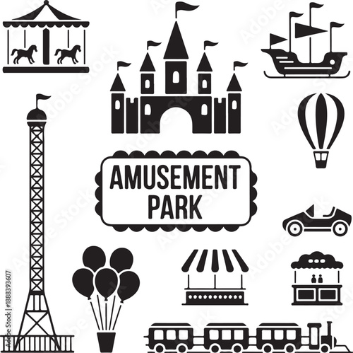 Amusement park silhouette icons set. Carnival funfair and ferris wheel emblem, label, badge. Amuse circus carousel, air balloon and castle. isolated on white background