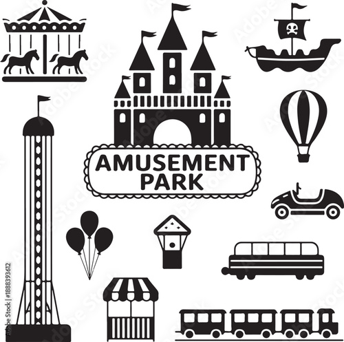 Amusement park silhouette icons set. Carnival funfair and ferris wheel emblem, label, badge. Amuse circus carousel, air balloon and castle. isolated on white background