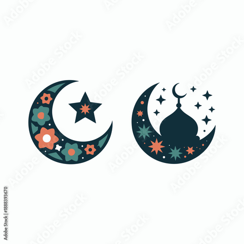 Two vibrant crescent moon with floral and star patterns and a mosque silhouette floral patterns