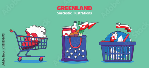 Buying Greenland Conceptual Illustration Set. Shopping Cart and Basket with Map and Flag.