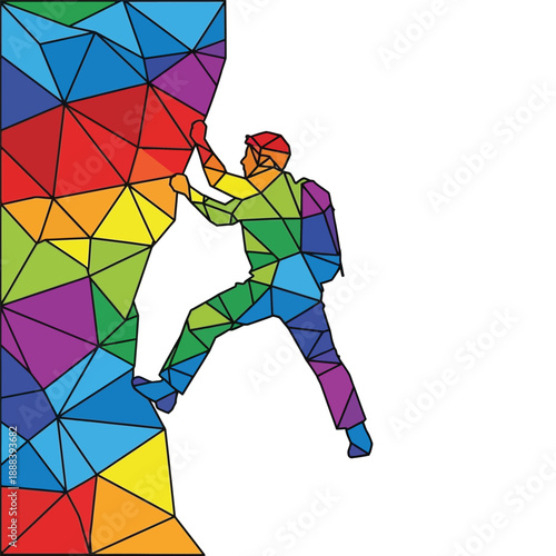 Colorful Geometric Rock Climber Ascending a Vibrant Mountain Face.
