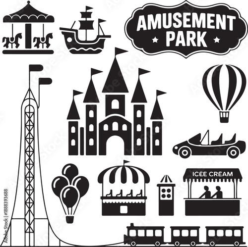 Amusement park silhouette icons set. Carnival funfair and ferris wheel emblem, label, badge. Amuse circus carousel, air balloon and castle. isolated on white background