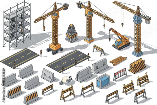 Construction Site Isometric Elements Cranes, Barriers, and Roads