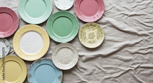 Assorted colorful plates on a neutral background