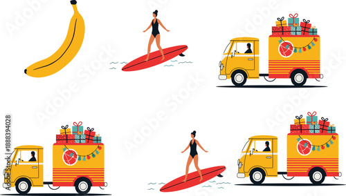 Summer lifestyle vector illustration set with surfing woman, banana fruit, festive delivery truck, gifts, and cheerful vacation vibes