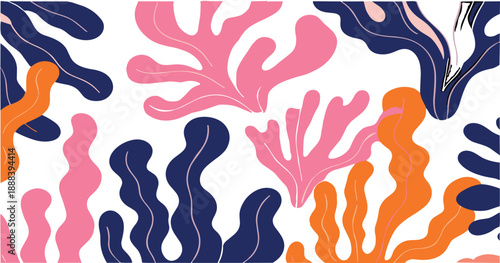 Abstract organic coral shapes pattern with flowing modern forms in pink orange and navy blue colors