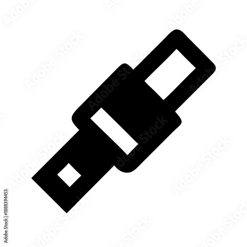 This is a minimalist, flat-style pure black vector icon that presents the structure of an unfastened seatbelt buckle in a diagonally arranged form. It has a simple and highly recognizable design