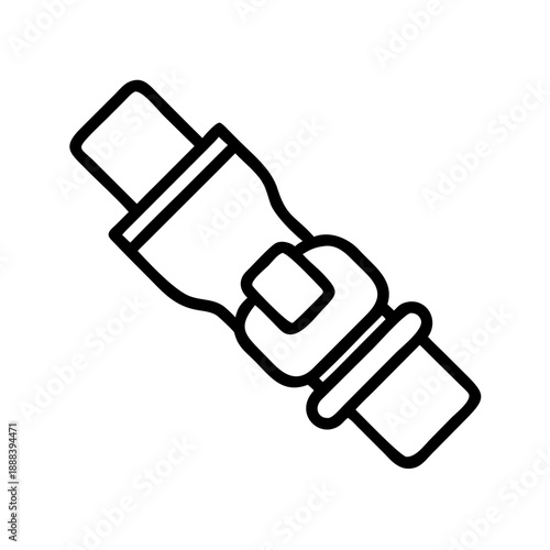 Black-and-white minimalist line icon of a vehicle safety seatbelt buckle, showing the latch mechanism and the webbing connector in a diagonal orientation.
