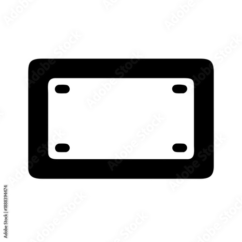 Black-and-white flat vector icon of a rectangular vehicle license plate with four mounting holes, set against a dark background frame.