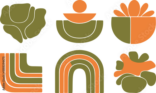 Abstract mid century modern flat vector shapes set in organic geometric style with earthy retro color palette