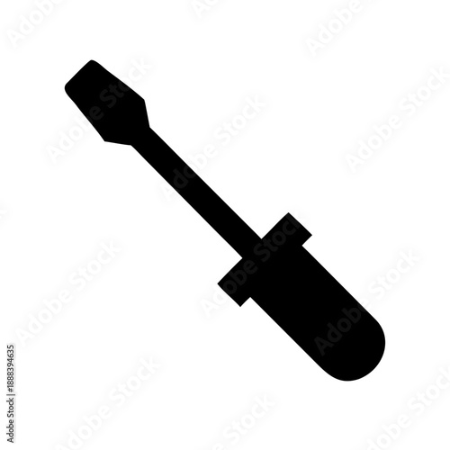 A minimalist black icon silhouette of a flat-head screwdriver on a white background, representing maintenance, repair, and DIY tools.