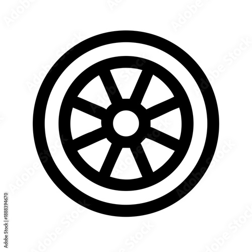 A minimalist black line art icon of a car wheel, featuring a detailed rim with eight spokes and a thick tire outline on a clean white background.