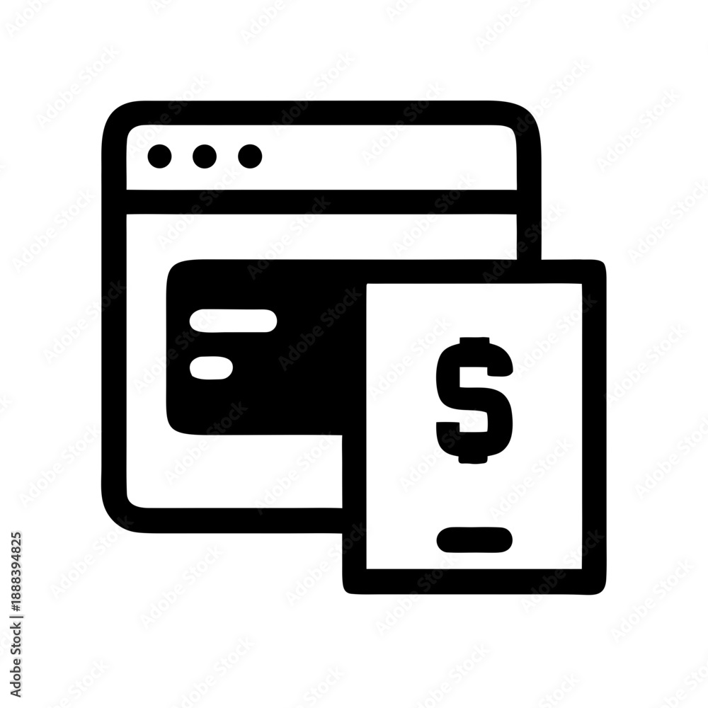 Obraz premium Black and white line icon featuring a web browser window paired with a mobile phone displaying a dollar sign. Represents responsive digital payments, e-commerce, and financial technology.