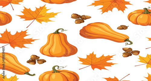 Autumn seamless pattern with pumpkins squash maple leaves and acorns in warm fall seasonal colors