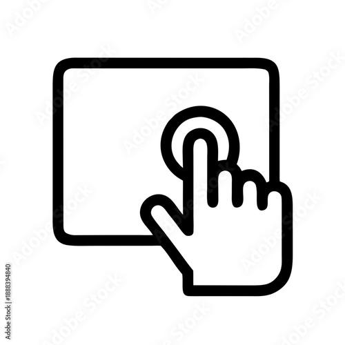 A minimalist black-and-white vector icon representing a digital interaction. It features a hand with the index finger touching a circular target point on a rectangular tablet or screen surface