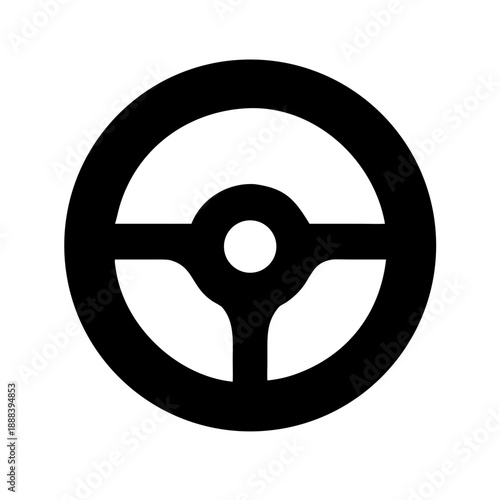 A minimalist black silhouette icon of a steering wheel, symbolizing driving, automotive control, navigation, and vehicle operation.