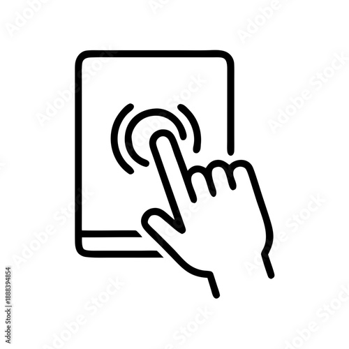 A minimalist black outline icon showing a hand interacting with a tablet or smartphone touchscreen, representing touch gestures, mobile technology, user interface interaction, and digital connectivity