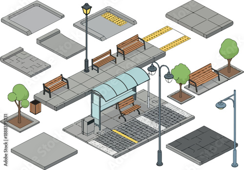 Isometric Streetscape Benches, Bus Stops, and Urban Elements