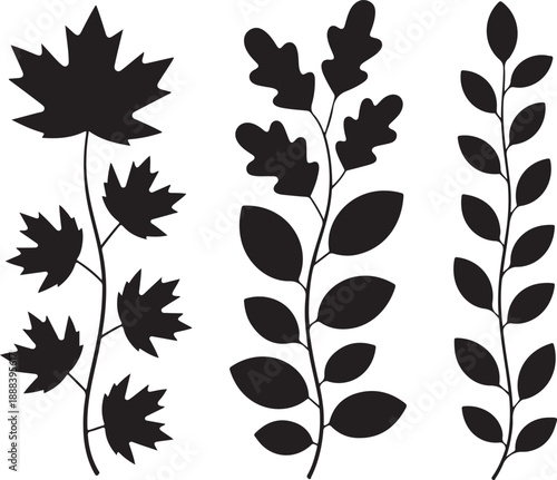 Autumn falling leaves. Vector silhouette of maple, oak, rowan and other leaves. Set of autumn decorations.