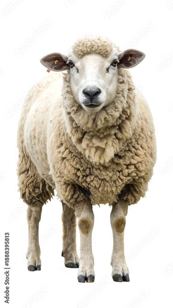 Fototapeta premium Full-body shot of a sheep with fluffy wool, isolated on a white background