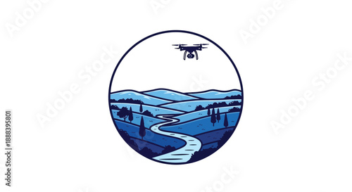 Drone Flying Over Blue Landscape River Hills.