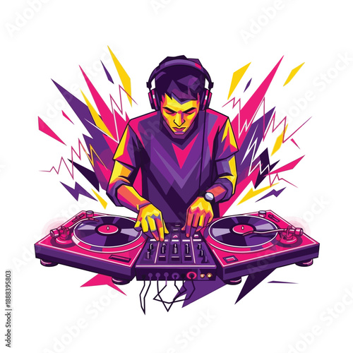 DJ Playing Music on Turntables with Energetic Sound Waves.