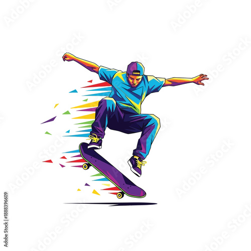 Dynamic Skateboarder Performing an Aerial Trick with Colorful Motion Trails.
