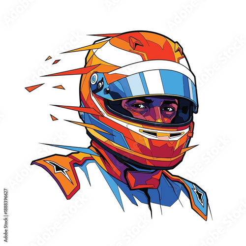 Dynamic Portrait of a Determined Racing Driver in a Vibrant Helmet.