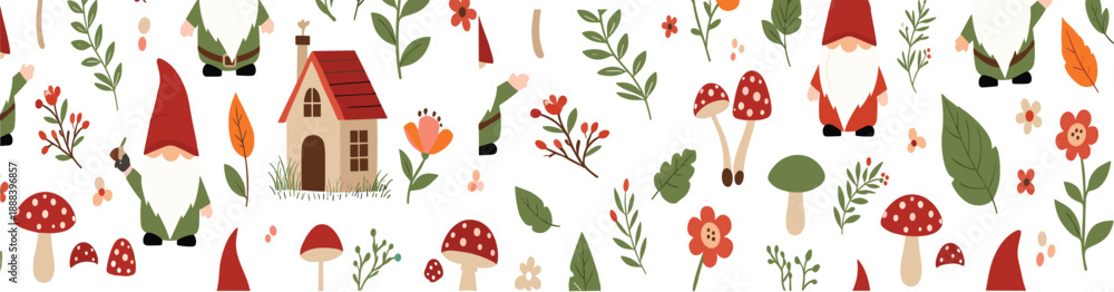 Fototapeta premium Cute gnome forest seamless pattern with mushrooms flowers leaves cottage and whimsical woodland elements illustration