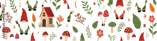 Cute gnome forest seamless pattern with mushrooms flowers leaves cottage and whimsical woodland elements illustration