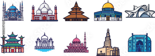 Iconic Mosques and World Landmarks Vector Illustration Set. Famous Religious Buildings, Temples, and Cultural Heritage Architecture Collection on White Background.