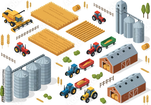 Isometric Farm Set Tractor, Combine, Silo, Barn, and Harvested Field