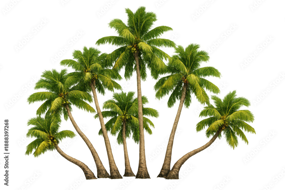 Fototapeta premium Coconut palm trees with green fronds and brown trunks growing on an island, transparent background