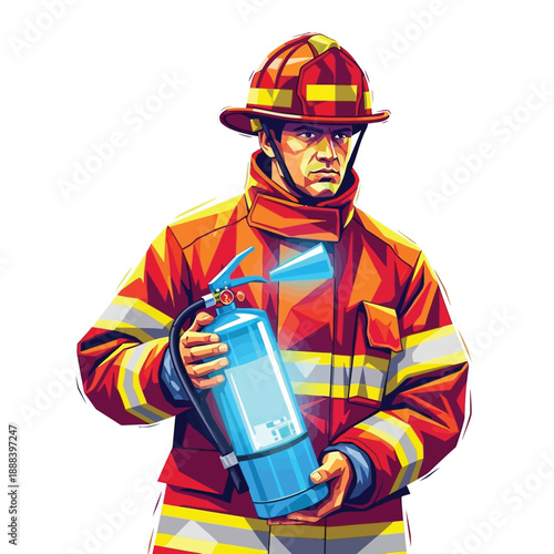 Firefighter in Uniform Holding Extinguisher Ready for Action.