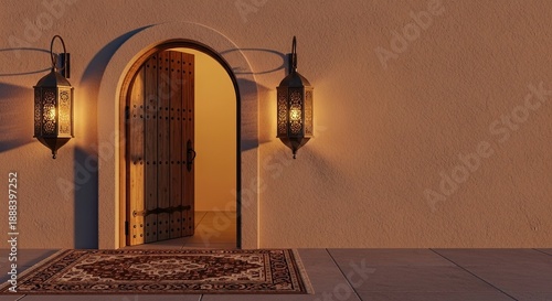 Warmly lit entrance with decorative lanterns