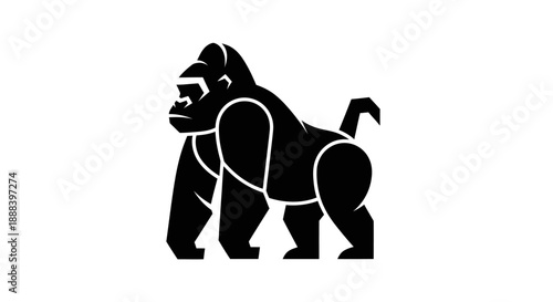 Bold silhouette of a gorilla walking forward isolated on white background
