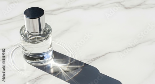 Elegant perfume bottle on marble surface