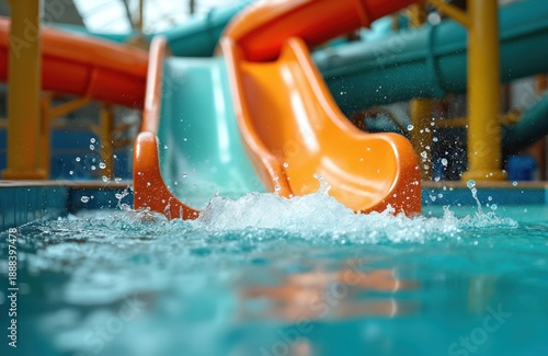 Wallpaper Mural Close up on orange water slide splash into pool at indoor aqua park. Kids fun at water attraction, summer vacation joy, active wet recreation. Torontodigital.ca