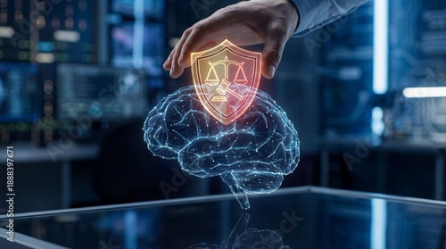 Futuristic AI governance compliance hologram shield above digital brain on desk background for legal tech policy oversight and risk management presentation