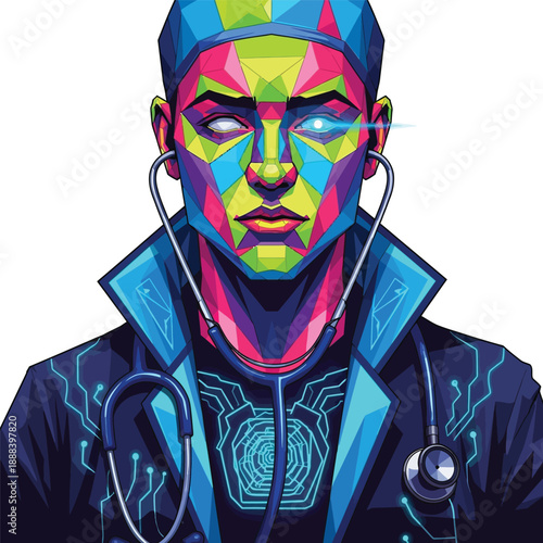 Futuristic Doctor with Cybernetic Enhancements and Colorful Geometric Face.