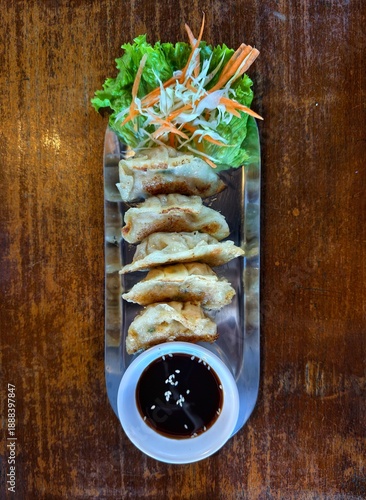Pan Fried Gyoza Dumplings with Soy Sauce and Fresh Vegetable Garnish